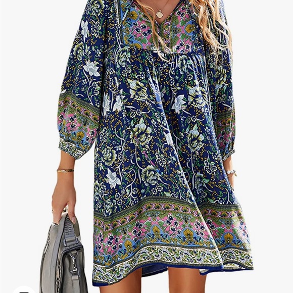 Boho Summer Dress 3/4 Sleeve Womens Medium M